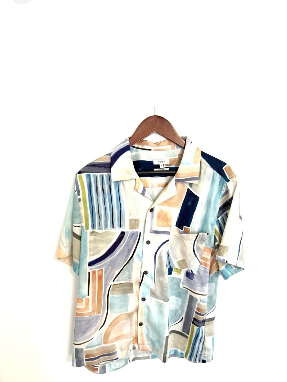 Reiss Short Sleeve Button-Down Shirt in Blue, Green, Tan & Cream